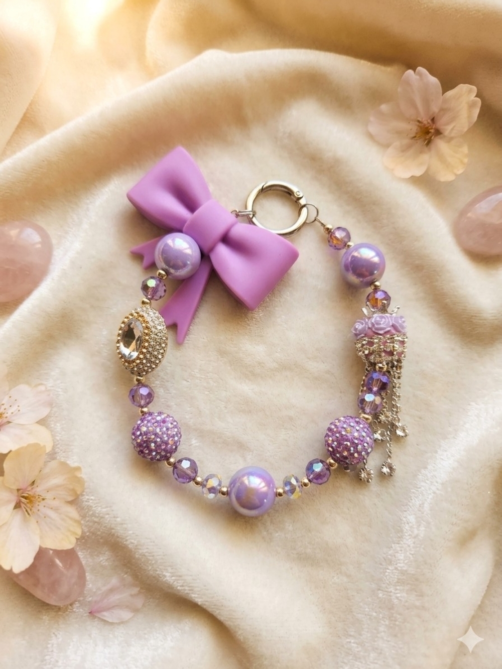 Handmade Lavender Bow & Beaded Phone charm /key Chain.